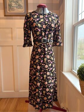 LOFT Black Floral Midi Dress with Pink Roses and Yellow Leaves Size 4